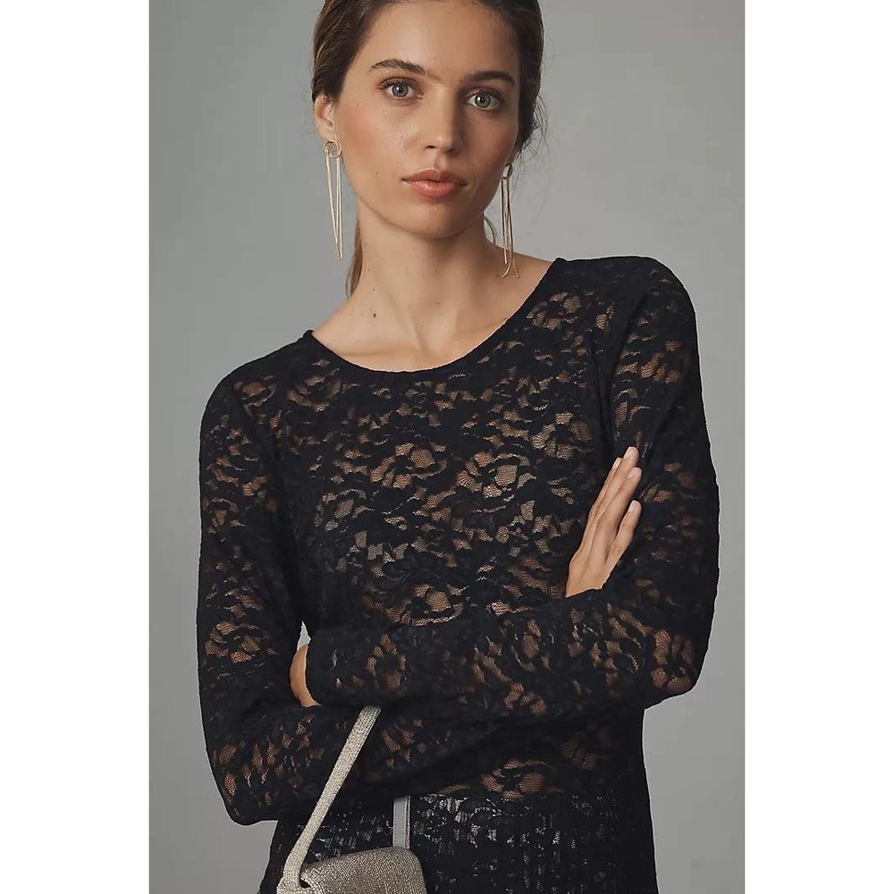 Anthropologie Black Lace Long-Sleeve Blouse